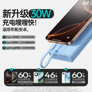 罗马仕30W自带线充电宝20000毫安时双向快充 PAC20-392
