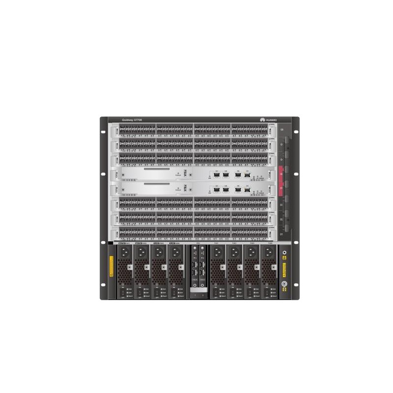 华为 S7706 外网核心交换机(整机主控槽位2个,业务槽位数6个/交换网板插槽数2个,主控、电源、风扇框等关键部件采用冗余设计,所有模块均