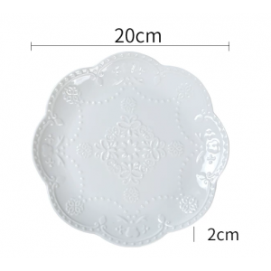 欧式浮雕蕾丝花朵花边陶瓷盘子中号（白色）直径20cm