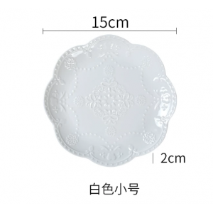 欧式浮雕蕾丝花朵花边陶瓷盘子小号（白色）直径15cm